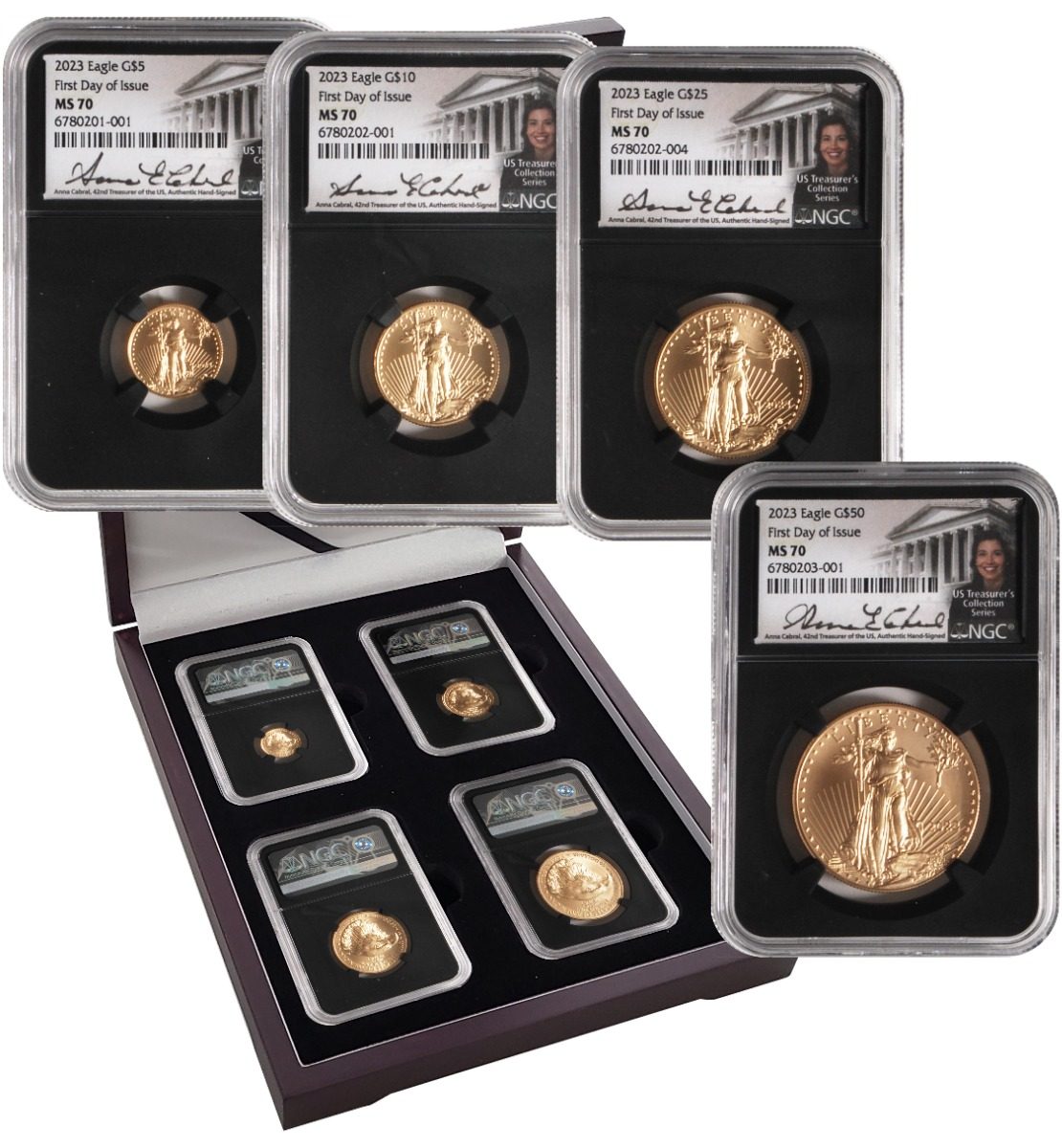 2023 Four-Piece American Gold Eagle Set MS70 First Day of Issue w/Cabr