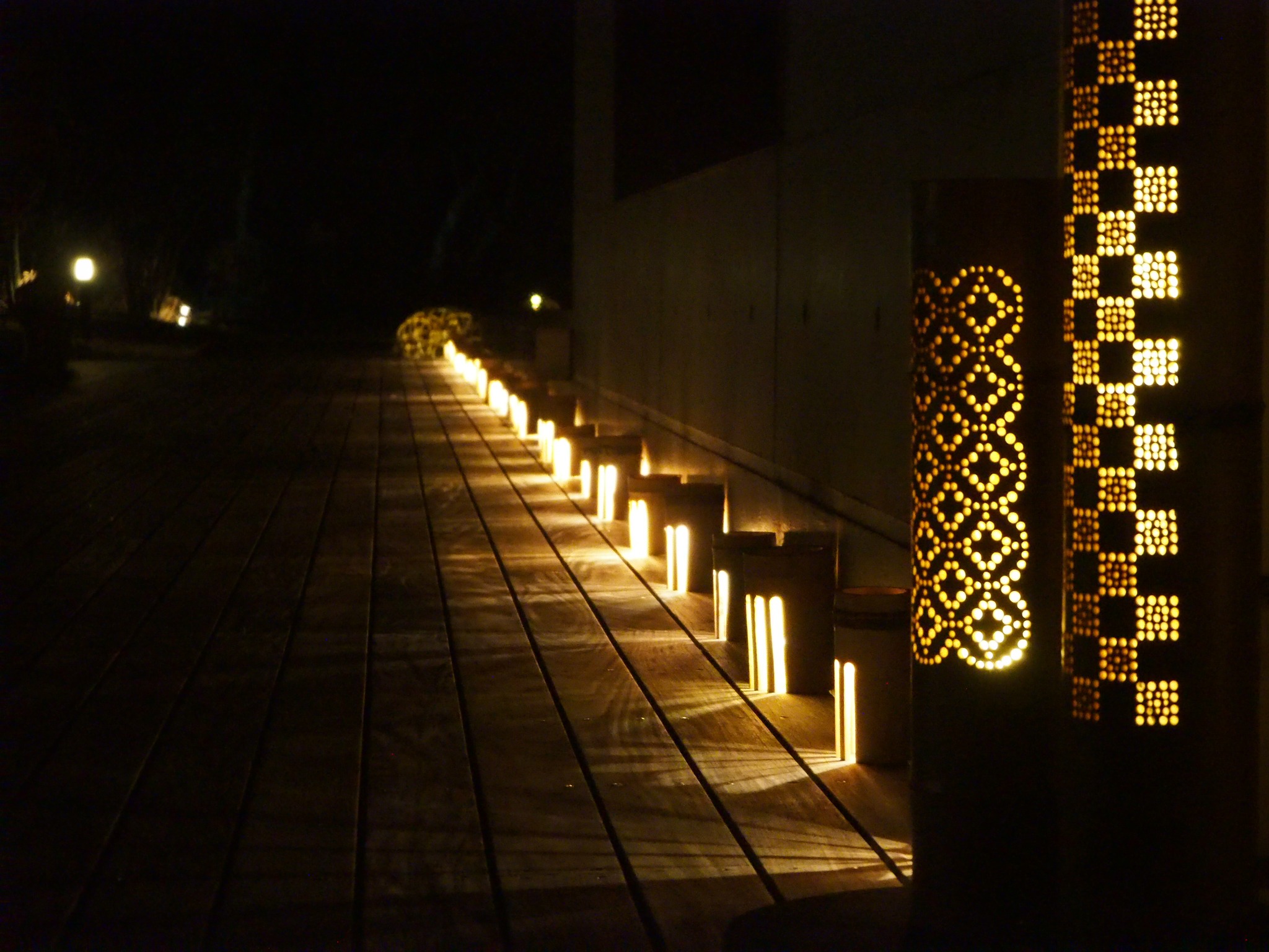 夜の公園に浮かび上がる幻想的な竹のライトアップ、平山郁夫シルク