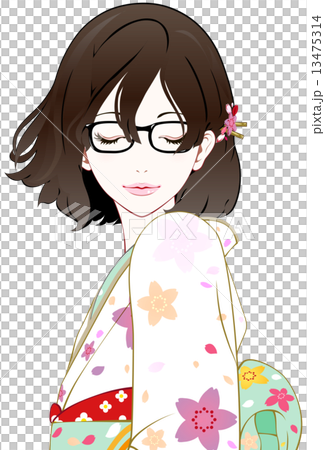 眼鏡の着物女性 風 目を閉じるのイラスト素材 [13475314] - PIXTA