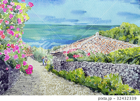 沖縄の風景イラスト、竹富島の海とハイビスカスの見える手書き風景画の