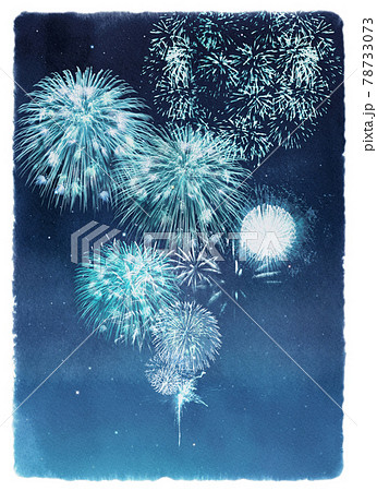 書き水彩の夜空に描いた、青い花火のイメージのイラスト素材 [78733073