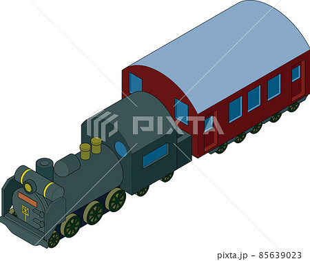 主線ありのSL蒸気機関車のアイソメトリックスタイルイラスト.の