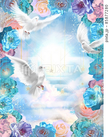 薔薇のアーチと平和の象徴白い鳩が天国を仲良く飛んでいるイラストの