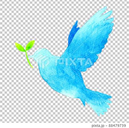 葉っぱをくわえて飛ぶ鳥の青色シルエット（単品） 羽ばたく鳥の手描き