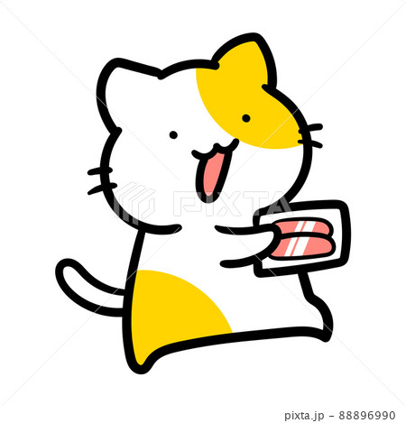 スーパーで肉を買ってきたかわいいねこのキャラクターの手書き風