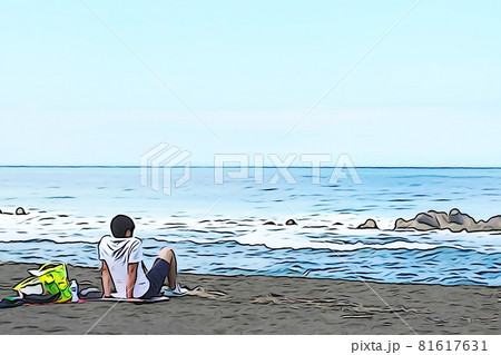 パステル調 ”海を見つめる一人の男性” イラストイメージのイラスト素材