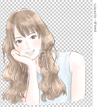 パーマのかかったロングヘアの可愛い女性 水彩風のイラスト素材