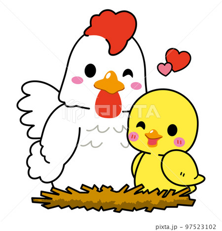 仲良く寄り添う可愛いニワトリとヒヨコのイラスト素材 [97523102] - PIXTA
