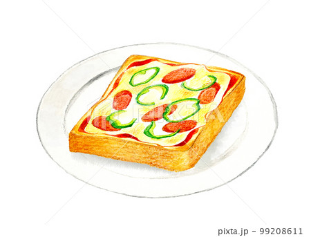 白い皿に乗ったピザトースト 料理・カフェメニューの手描き水彩