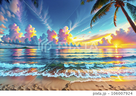 夕焼けに染まるハワイのビーチ「AI生成画像」のイラスト素材