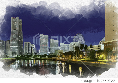 水彩画風 横浜みなとみらい 横浜ランドマークタワーと観覧車 神奈川県