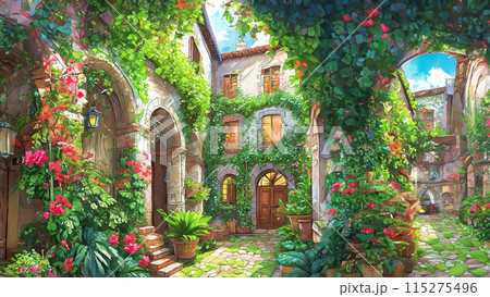 緑あふれるイタリアの中庭のイラストのイラスト素材 [115275496] - PIXTA