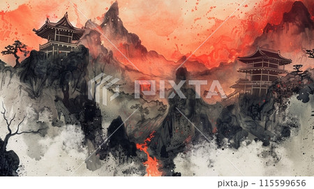 燃えるような夕焼けの中の山上の日本寺院の水墨画アートのイラスト素材