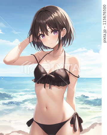 夏の海をバックに立つ水着の若い女性 AI画像のイラスト素材 [115676500