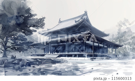 優雅で伝統的な日本の寺院の水墨画アートのイラスト素材 [115600313