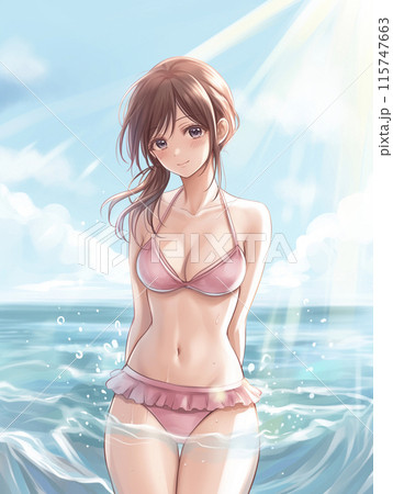 海の上にいるピンクのビキニの水着の若い女性 AI画像のイラスト素材