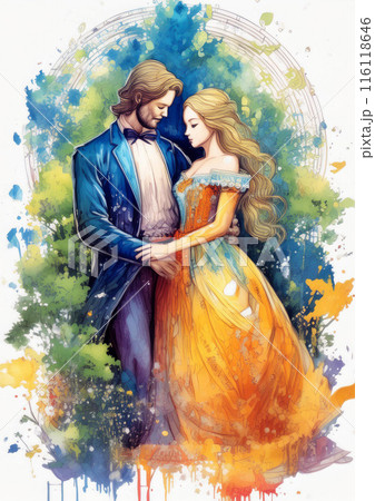 王子様とお姫様が抱きしめるイラスト AI画像のイラスト素材 [116118646