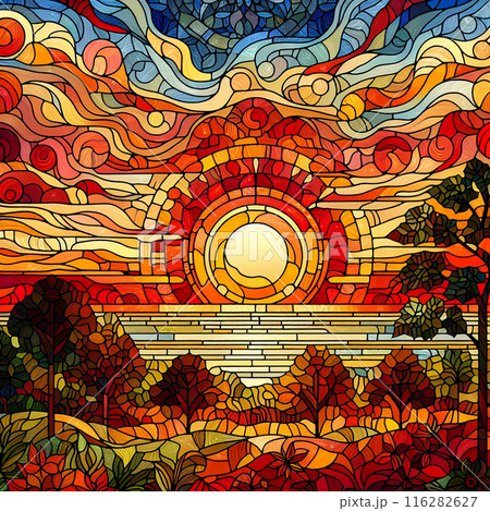 夏の夕焼けをステンドグラス風にのイラスト素材 [116282627] - PIXTA