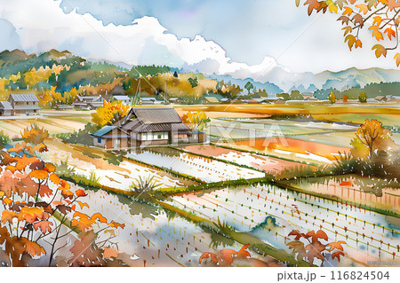 秋の田園風景（水彩画風）のイラスト素材 [116824504] - PIXTA