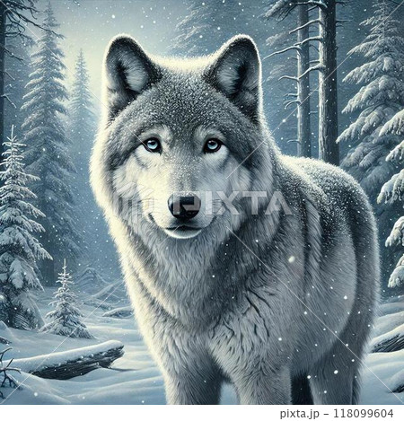 オオカミ 冬 雪 森林 雪山 雄 動物 イラストのイラスト素材 [118099604
