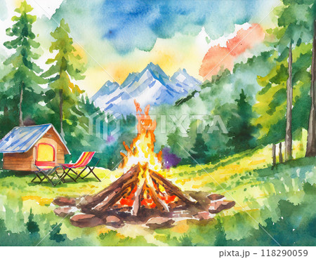 水彩画で描かれたキャンプファイヤーのイラスト素材 [118290059] - PIXTA