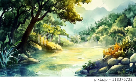 朝露に濡れる森と川：穏やかな自然風景画のイラスト素材 [118376722