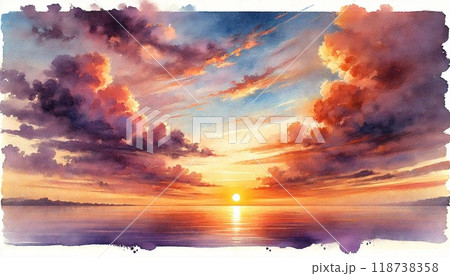 幻想的な夕焼け空と海のハーモニーを描いた水彩画風イラストのイラスト