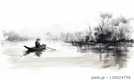 川岸の小舟で釣りをする男性が描かれた水墨画風の風景：AI作品の