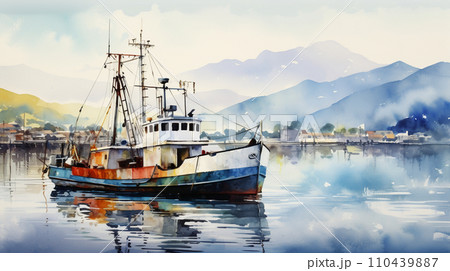 港から出航する漁船の水彩風イラスト AI画像のイラスト素材 [110439887