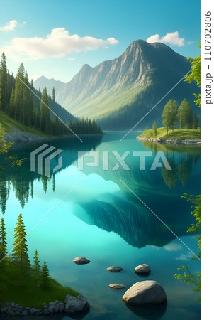 湖の水面に反射する幻想的な山の風景のイラスト素材 [110702806] - PIXTA