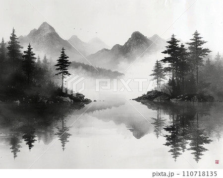 静寂な山の湖 - モノクロの墨絵風景のイラスト素材 [110718135] - PIXTA