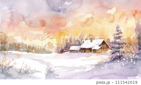水彩で描いたロシアの冬の風景画 AI画像のイラスト素材 [111542019