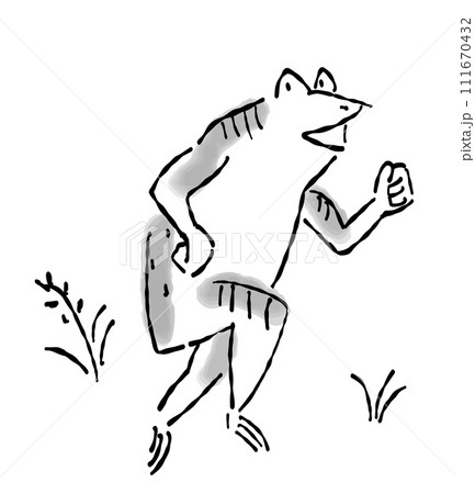 日本画（水墨画）タッチのカエルの擬人化したイラスト-走るのイラスト