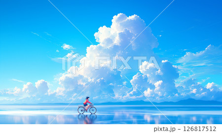 夏の青空と白い雲が広がる海の上を自転車で走る少女の幻想シーン｜透明