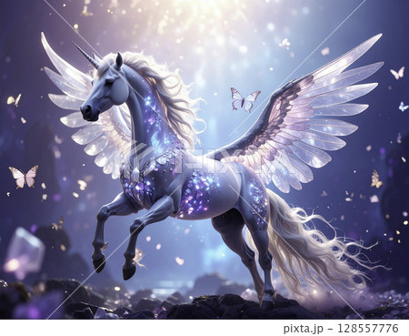 幻想的なペガサスユニコーンと光舞う幻想世界｜ファンタジーアート