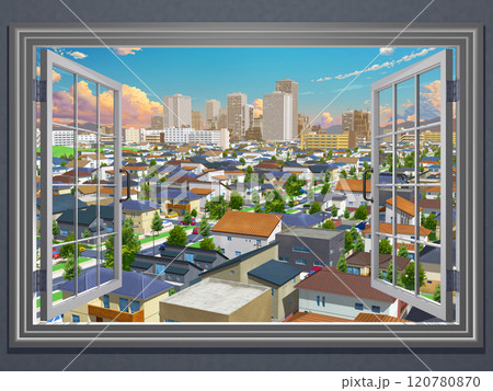 都市 家 住宅 街 CG 窓からの風景 街並み 劇的空のイラスト素材