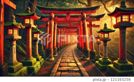 色の鳥居が続く神聖な参道、朝陽に照らされた幻想的な風景のイラスト