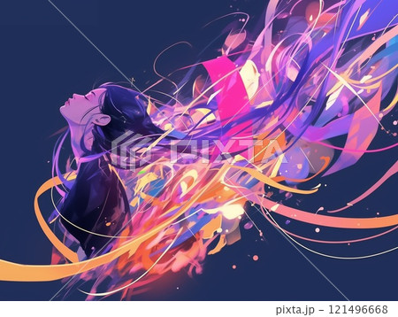 光のラインと女性の幻想的な横顔イラストのイラスト素材 [121496668