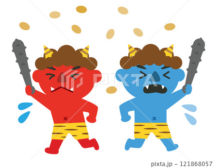 節分_豆まき_鬼払い_逃げる赤鬼と青鬼のイラスト素材 [121868057] - PIXTA