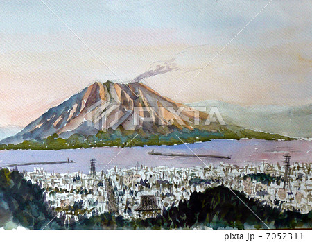 錦江湾 風景画 鹿児島県 水彩画 桜島のイラスト素材 - PIXTA