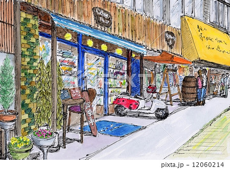 商店街 風景画 街並み 水彩画のイラスト素材 - PIXTA