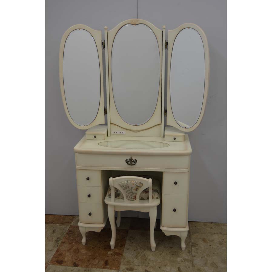 アンティークドレッサー 収納三面鏡フランソワ ホワイト - 鏡台