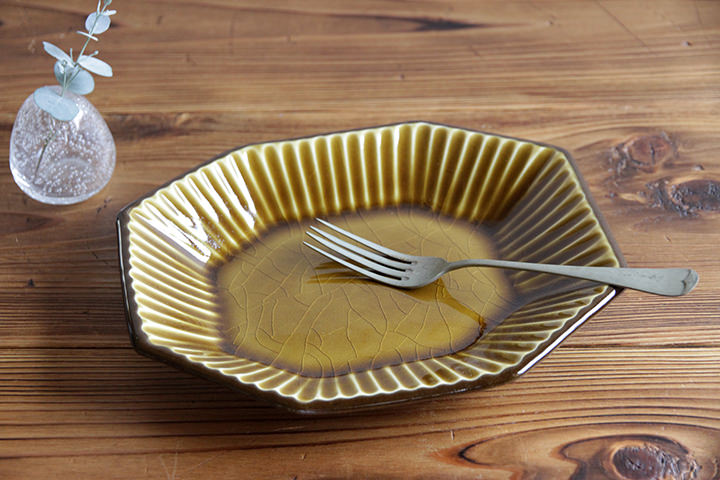 雅峰窯】八角皿/しのぎ/黄釉（横 22.5cm） | 【丹波のイロドリ】丹波焼