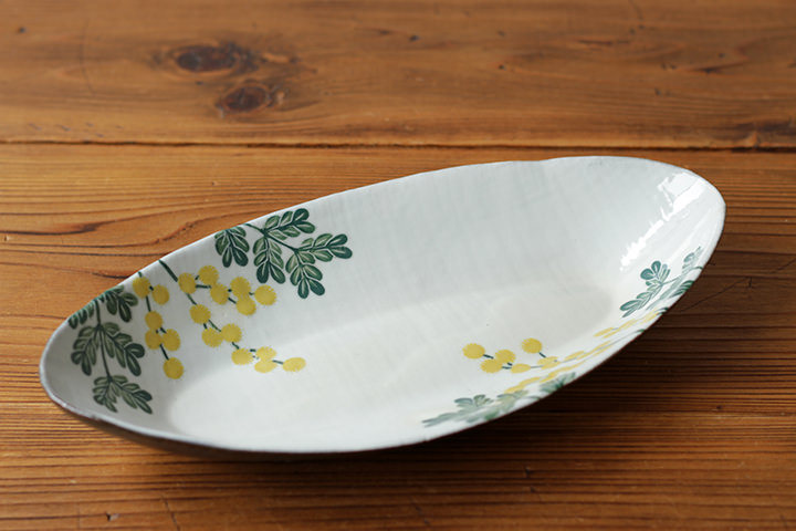 末晴窯】楕円皿/ミモザ/白/（横 28.5cm） | 【丹波のイロドリ】丹波焼