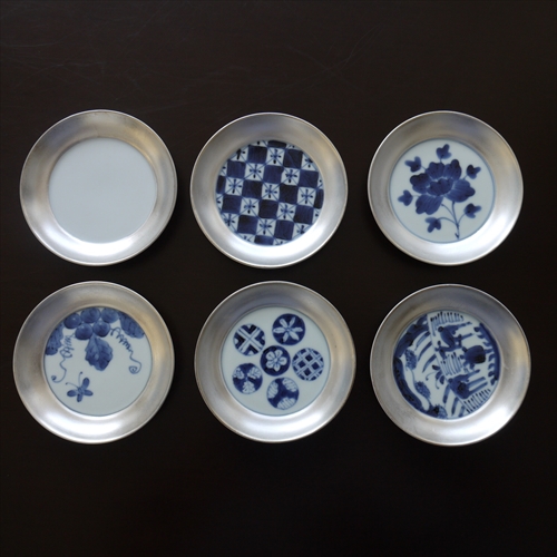 有田焼/福珠窯/銀彩染付丸紋/3.3寸段入り丸小皿/Φ10.2 X H1.8