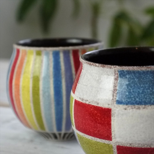 丹波立杭焼/稲右衛門窯/上中剛司/彩色カップ（市松）/Φ8 X H8.5