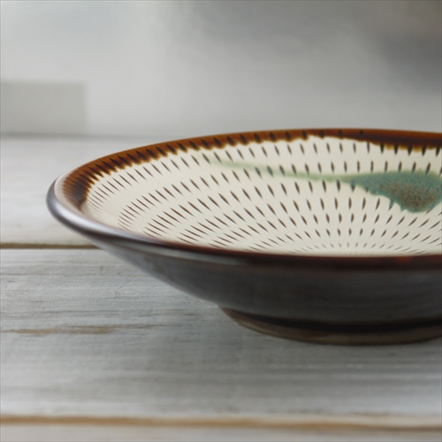 小石原焼/やまさん柳瀬窯/飛鉋・飴縁・打掛/五寸/Φ15.5 X H3.5cm