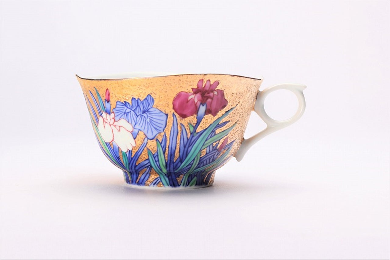 カフェ用品 「コーヒー碗 金彩 菖蒲 木箱付」 金龍窯 江口天童 有田焼