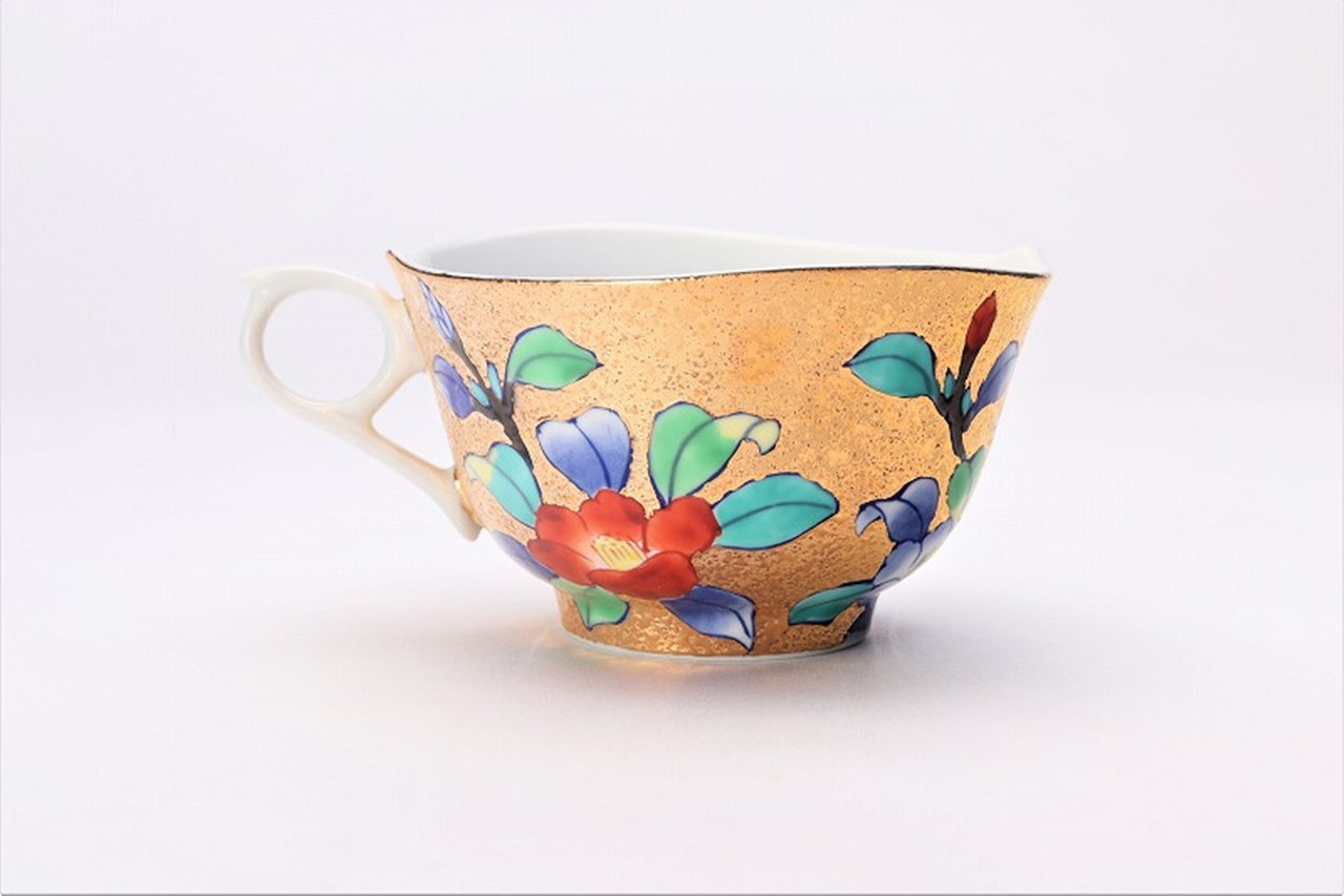 カフェ用品 「コーヒー碗 金彩 椿 木箱付」 金龍窯 江口天童 有田焼