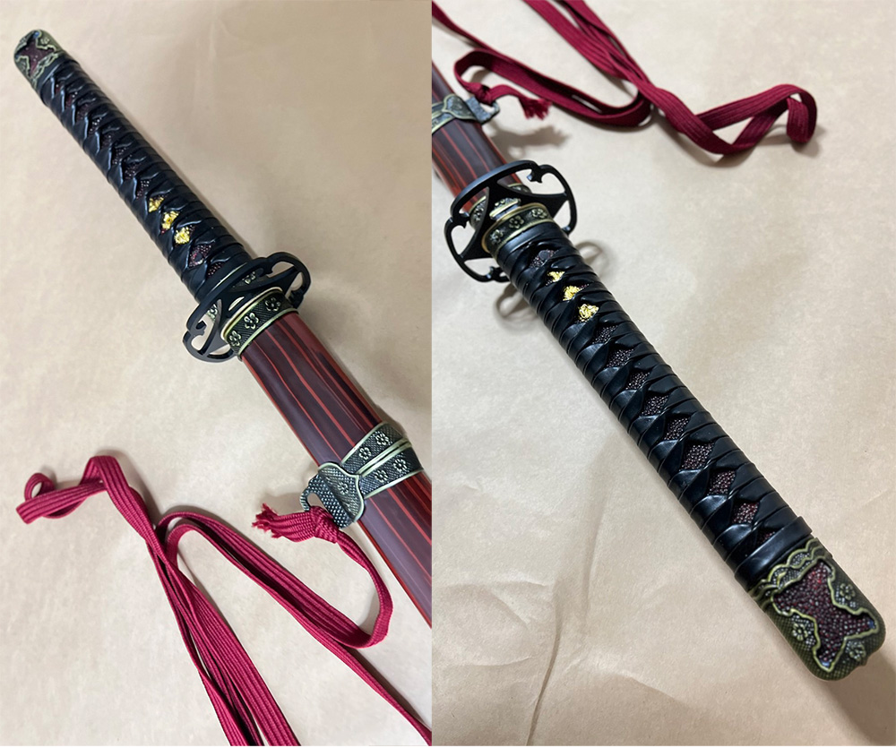 兜金太刀（赤） 拵え ｜赤鞘・レザー革柄・吊り金具・渡り巻きなし